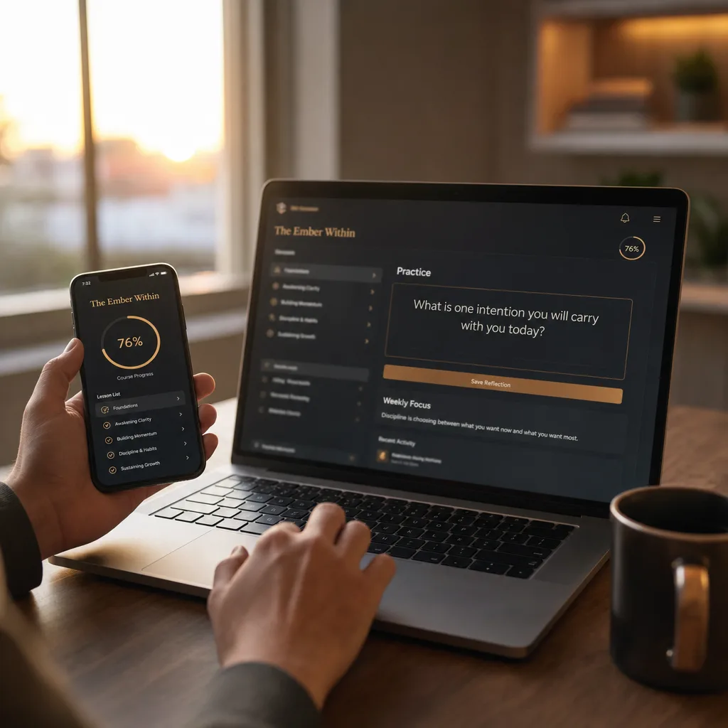Inside the program: course dashboard with modules, lessons and reference guides
